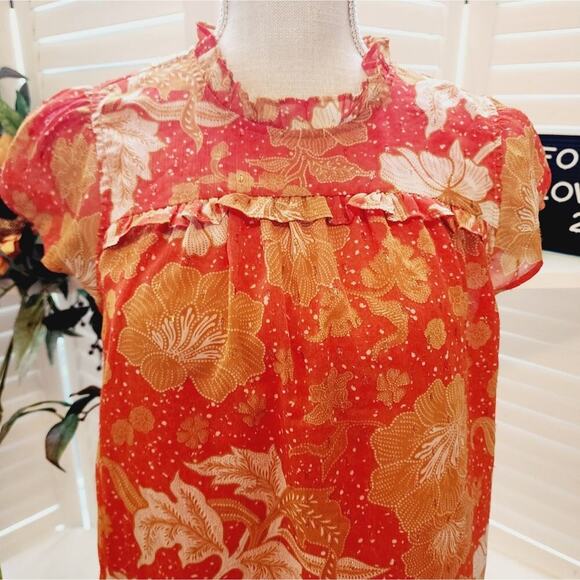 JOIE BOHO RUFFLE FORAL ORANGE RUST AND CREAM BLOUSE SIZE MED - Picture 2 of 6